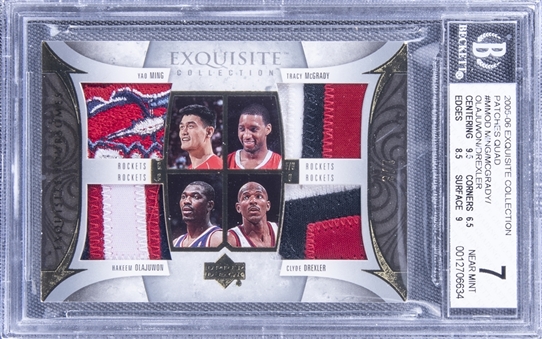 2005-06 UD "Exquisite Collection" Patches Quad #MMOD Ming/McGrady/Olajuwon/Drexler Game Used Patch Card (#1/3) - BGS NM 7